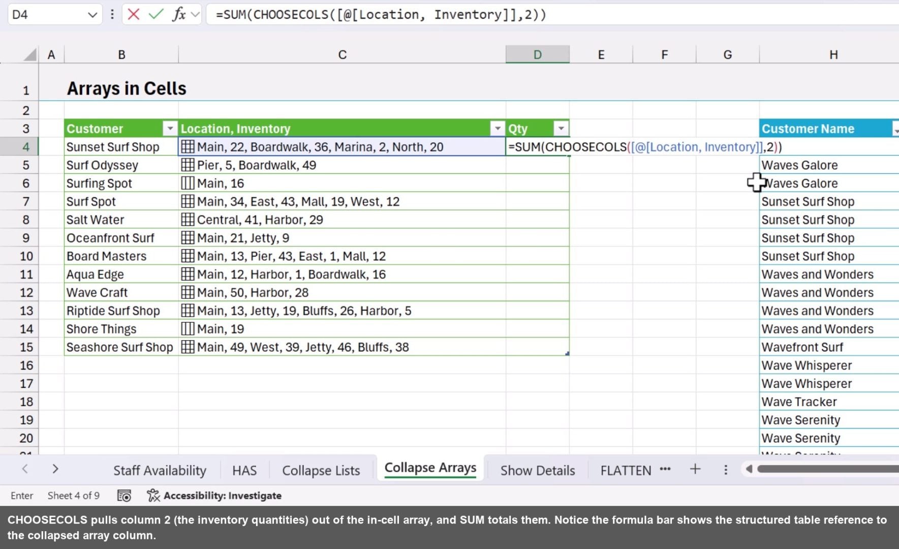 CHOOSECOLS pulls column 2 (the inventory quantities) out of the in-cell array, and SUM totals them. Notice the formula bar shows the structured table reference to the collapsed array column.