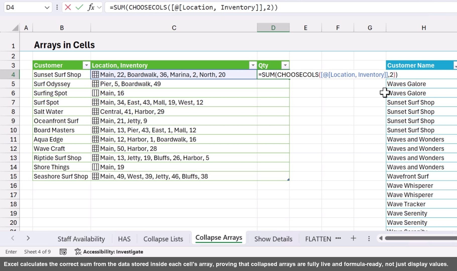 Excel calculates the correct sum from the data stored inside each cell's array, proving that collapsed arrays are fully live and formula-ready, not just display values.